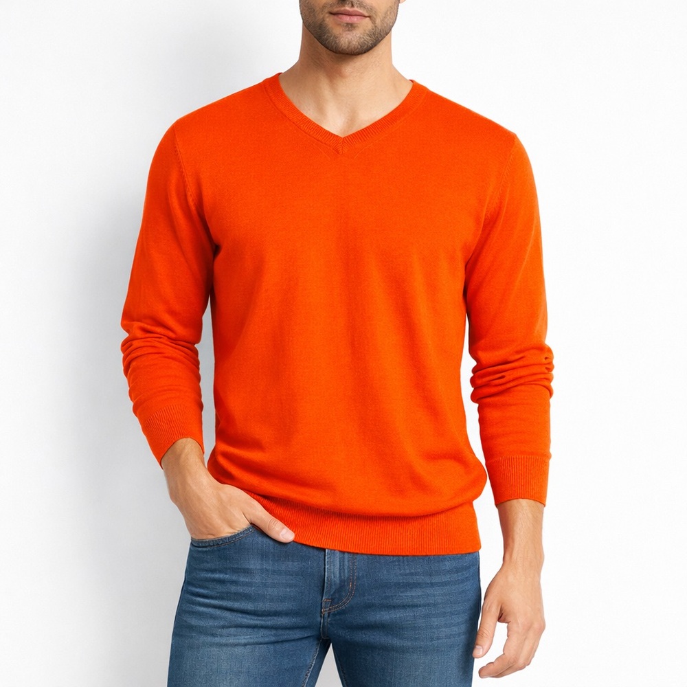 Toscano Italy Bright‎ Orange V-Neck Cotton Sweater XL Tangerine Made in Italy